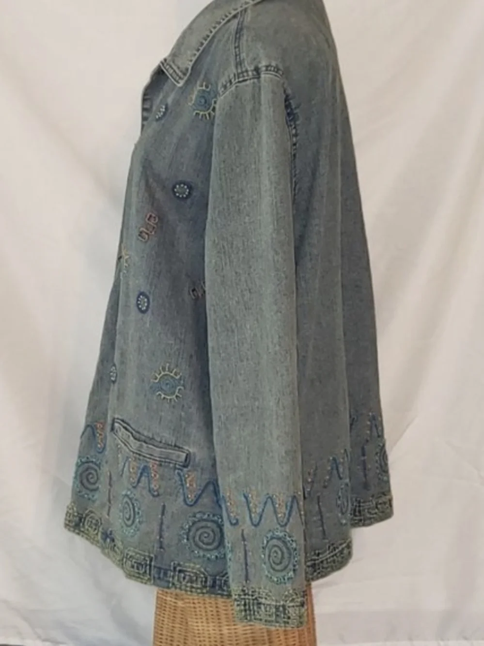 90s Hearts Of Palm Embroidered Beaded Blue Brushed Denim Jean Jacket Women's 18 - Picture 9 of 12